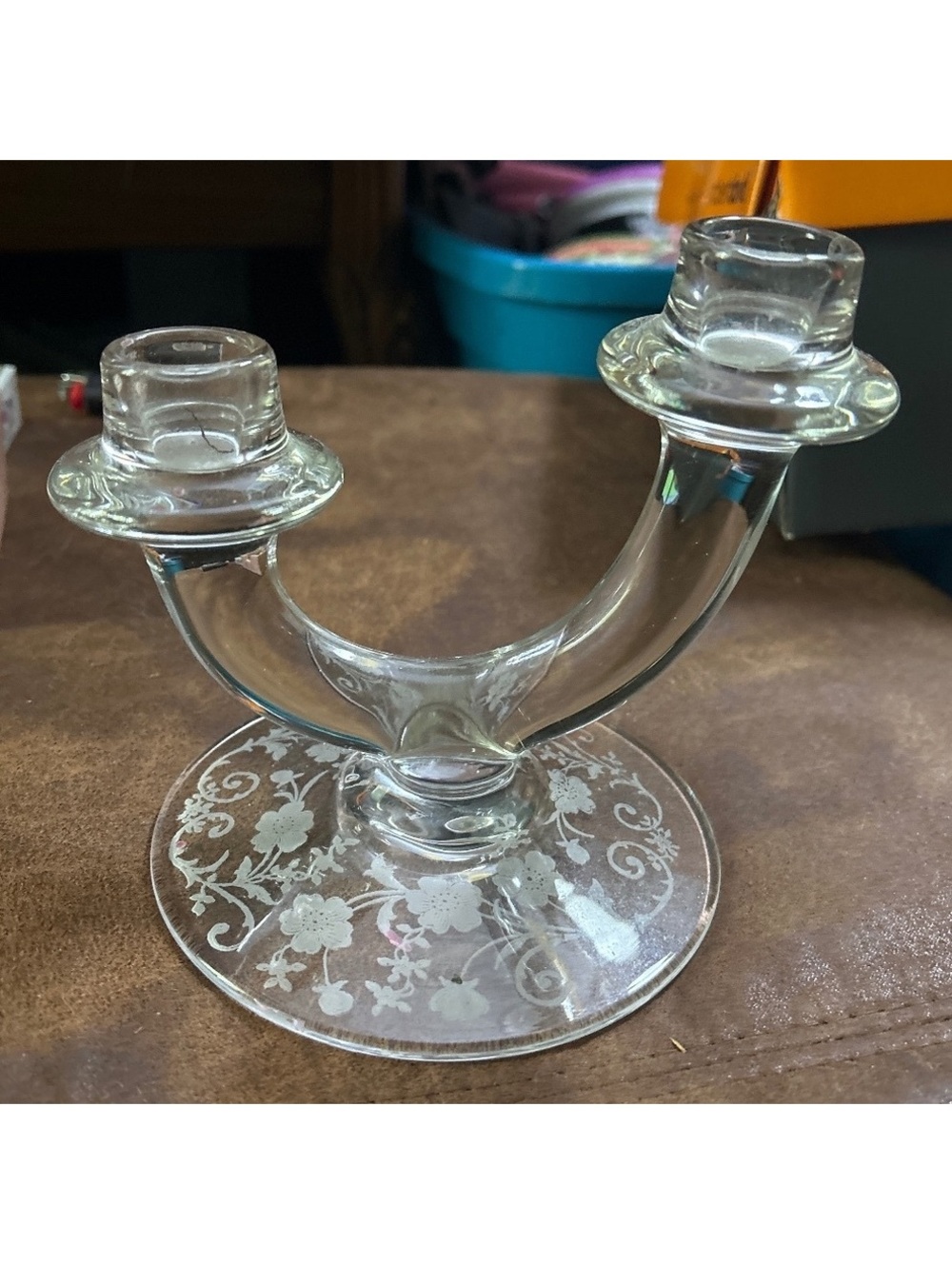 Vintage Etched Glass Double Candle Holder
